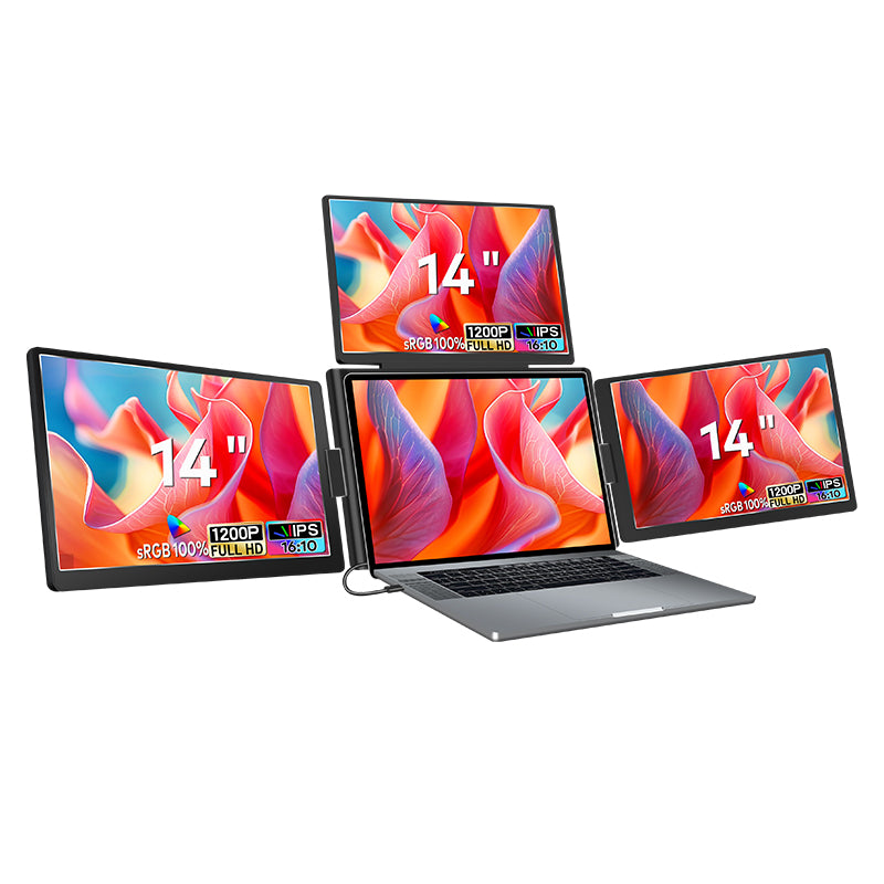 Quad monitor 3 screen display extender for laptop with 14" screen, Type C interface, 16:10 screen ratio, and support for devices up to 17 inches.