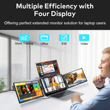 Quad monitor 3 screen display extender for laptop with 14" screen, Type C interface, 16:10 screen ratio, and support for devices up to 17 inches.