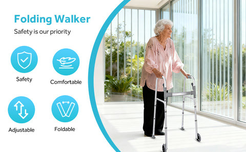 Folding Walker With Wheels, Lightweight Folding Walker with 5" Silent Wheels - LIVINGbasics
