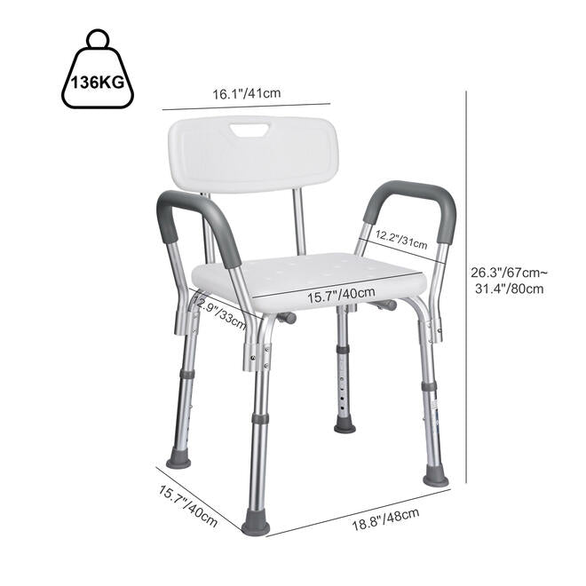 Aluminum Heavy-Duty Shower Chair with Detachable Armrest and Adjustable Height - LIVINGbasics