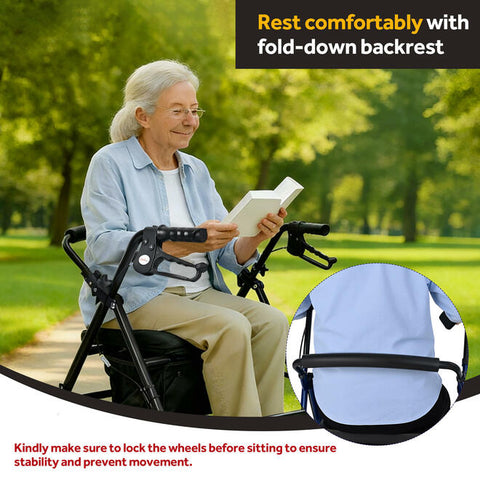 Folding 4-Wheel Rollator Walker With Seat and Storage Pouch, Supports Up to 300 lbs, Black